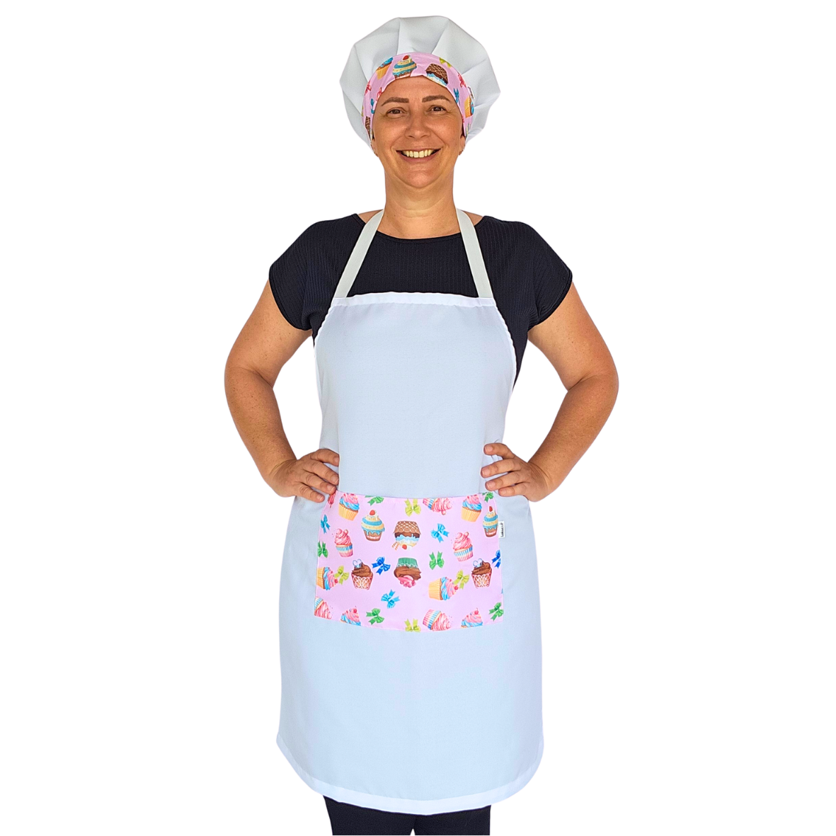 Kit Avental e Touca Gourmet Estampada - Bolo Rosa